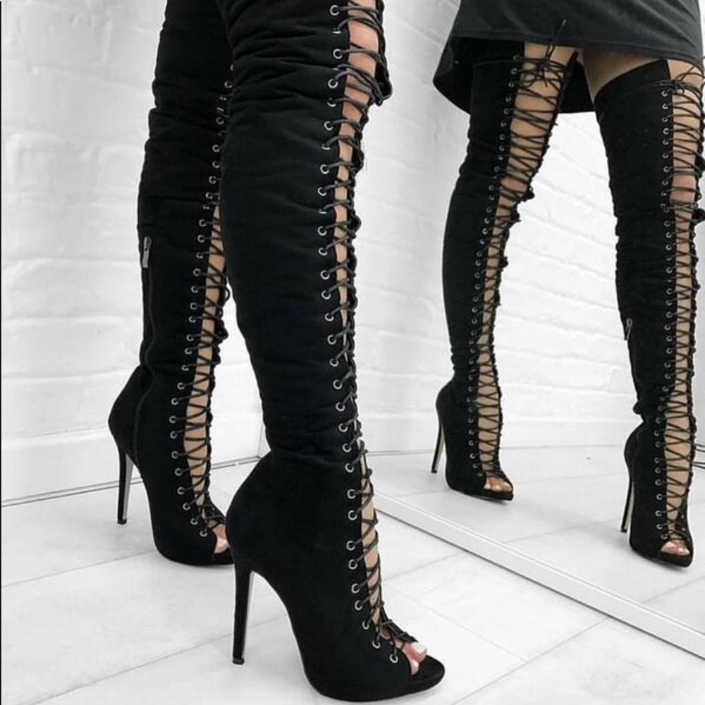 Black Lace Up Suede Thigh High Boots
